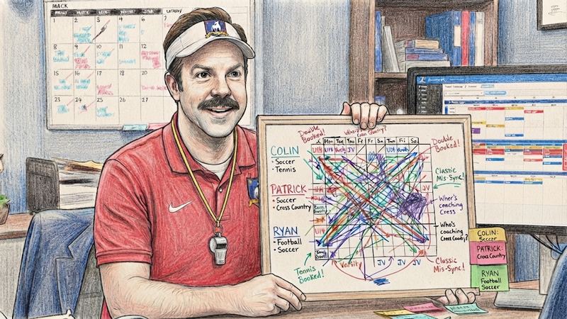 A coach holding a whiteboard covered in tangled, overlapping schedule lines for three kids' teams
